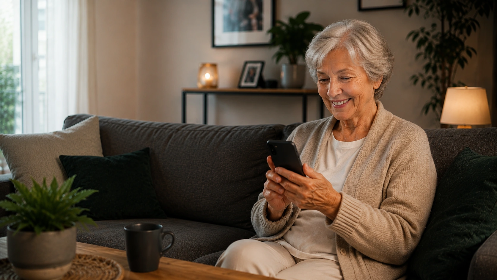 Eine Frau nutzt entspannt zu Hause ihr Smartphone